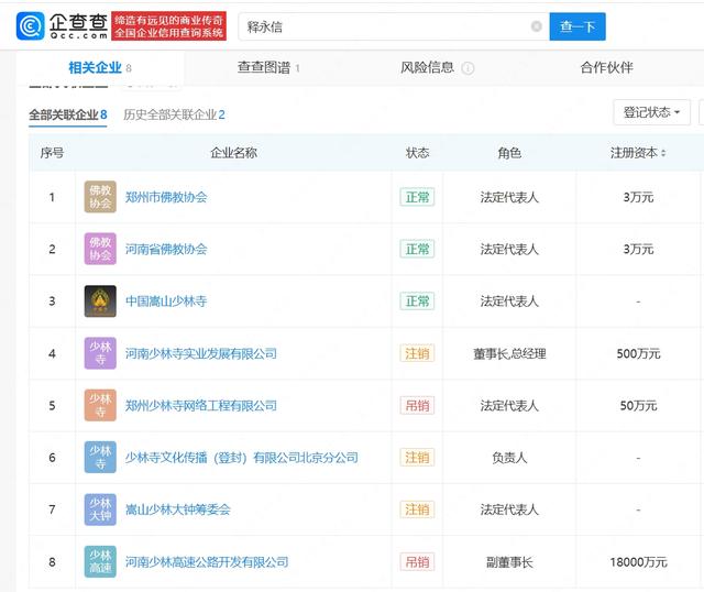 释永信多家关联公司已注销、吊销
